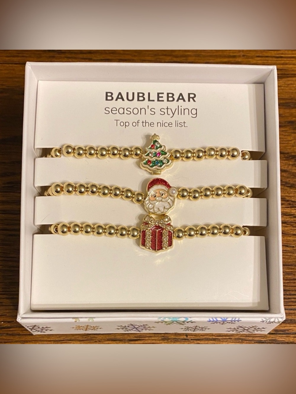 BaubleBar Christmas Holiday Gold Beaded Charm Bracelet Stack Trio Santa Tree NIB